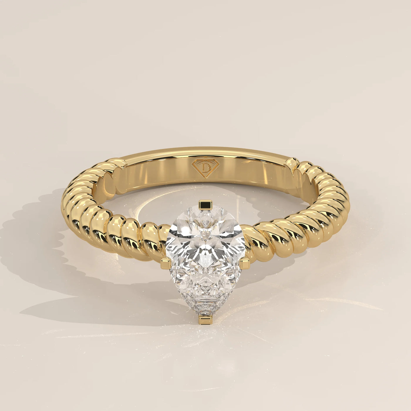 Three-Quarter View: Pear Diamond Ring with Solitaire Setting in Yellow Gold – Lab Grown – Driona Jewels
