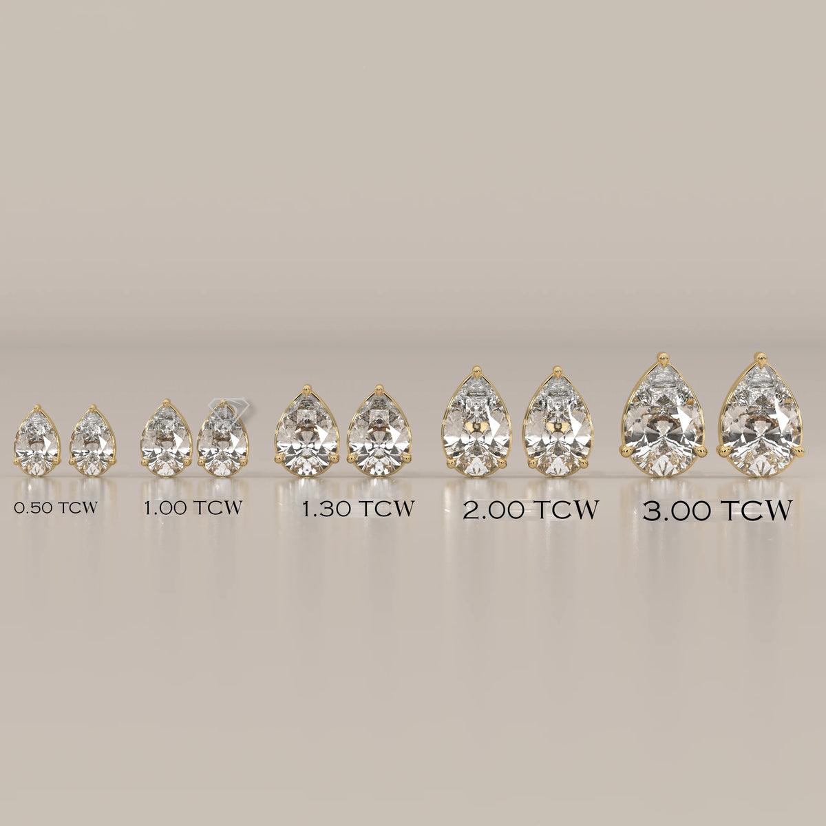 Pear three prong lab grown diamond stud earrings size chart, 0.50 to 3.00 tcw labelled