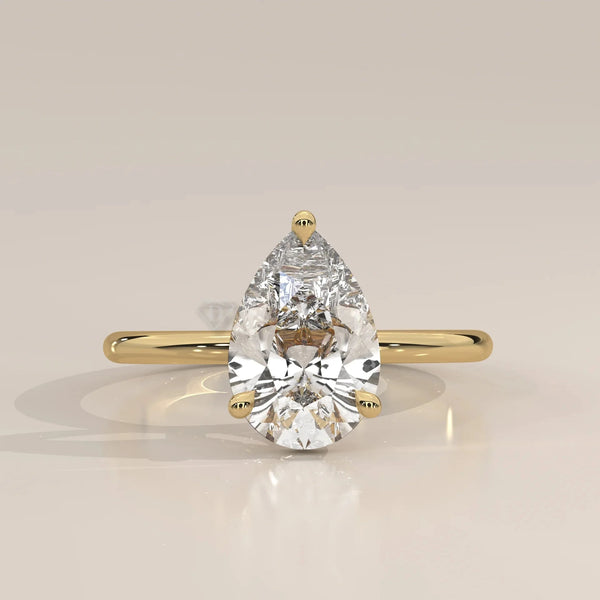 Front View: Pear Diamond Ring with Solitaire Setting in Yellow Gold – Lab Grown – Driona Jewels