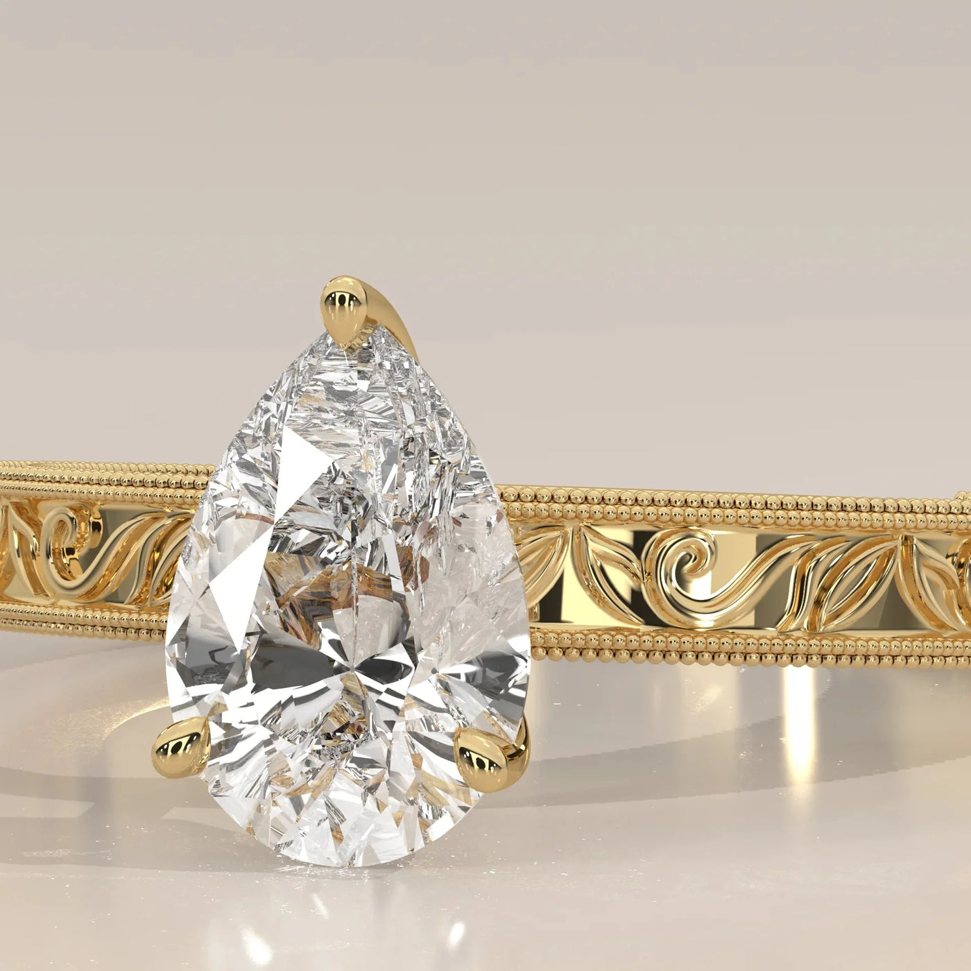 Close-Up: Pear Diamond Ring with Solitaire Setting in Yellow Gold – Lab Grown – Driona Jewels