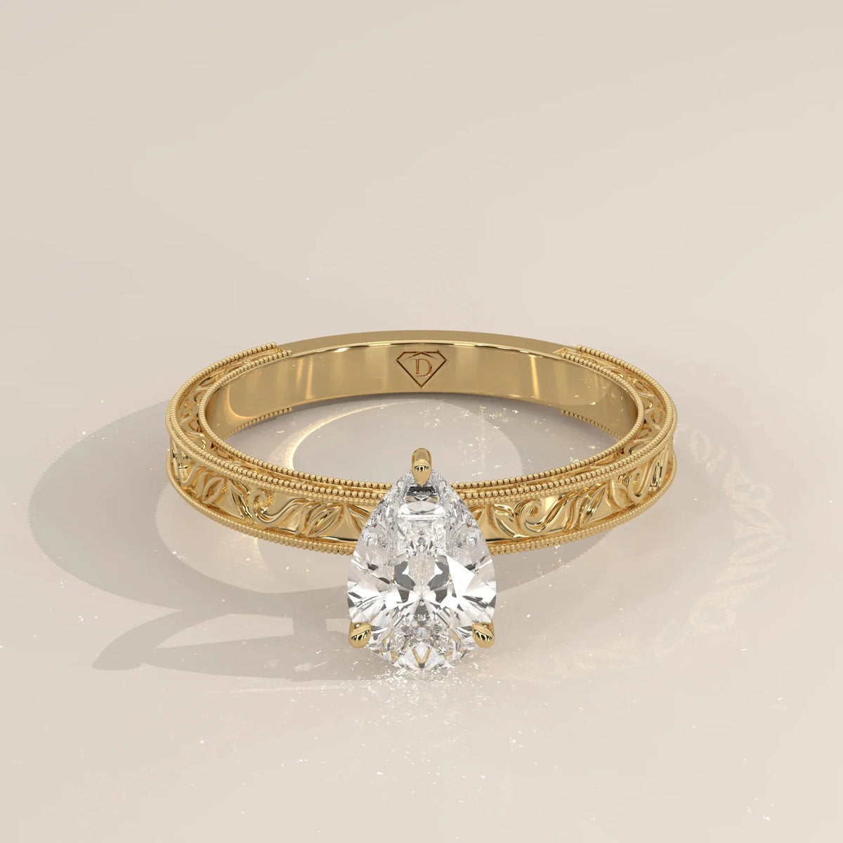 Front View: Pear Diamond Ring with Solitaire Setting in Yellow Gold – Lab Grown – Driona Jewels