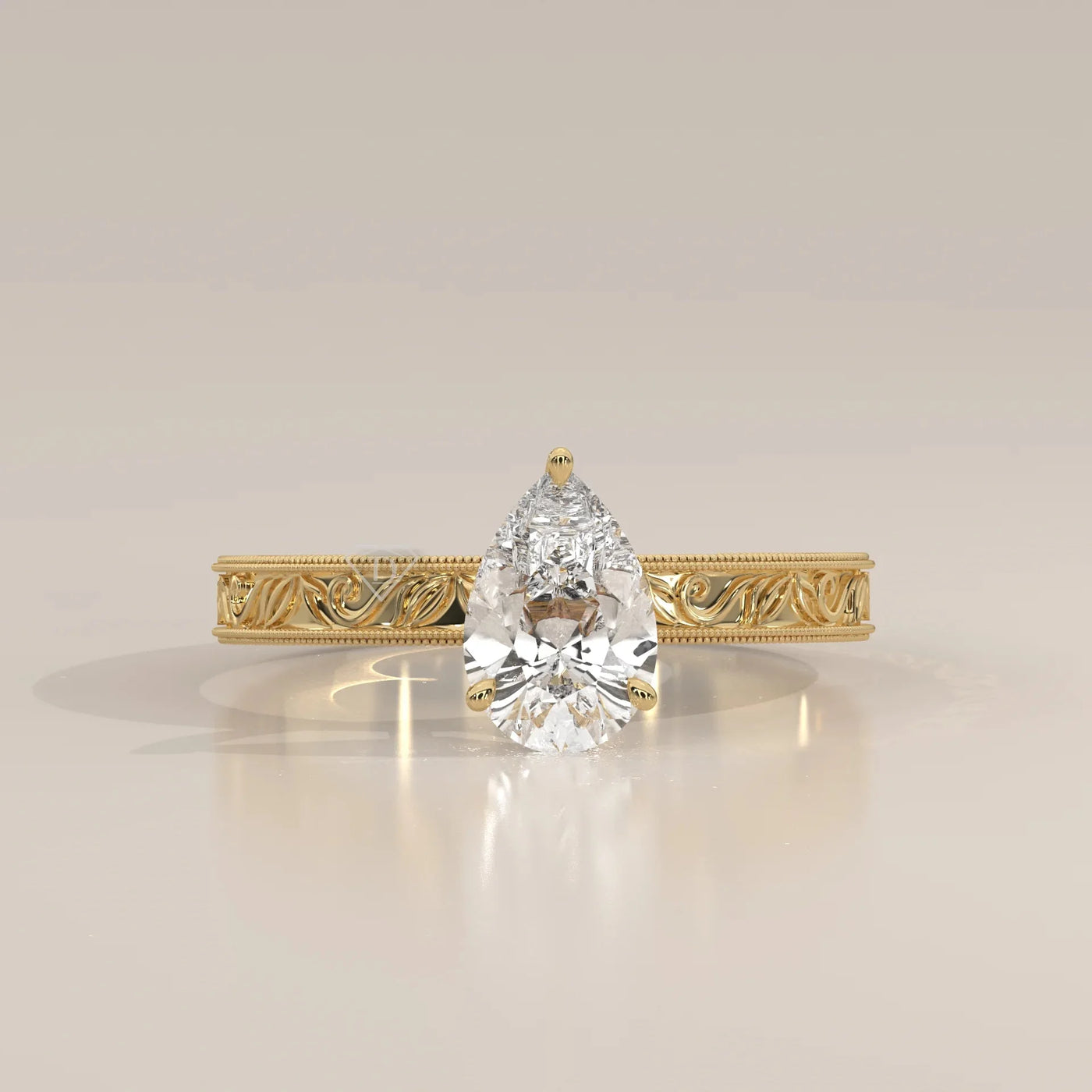 Front View: Pear Diamond Ring with Solitaire Setting in Yellow Gold – Lab Grown – Driona Jewels