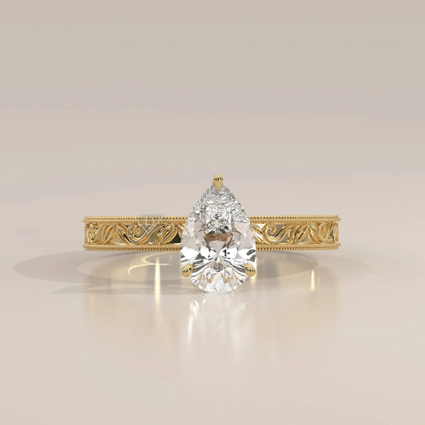 Front View: Pear Diamond Ring with Solitaire Setting in Yellow Gold – Lab Grown – Driona Jewels