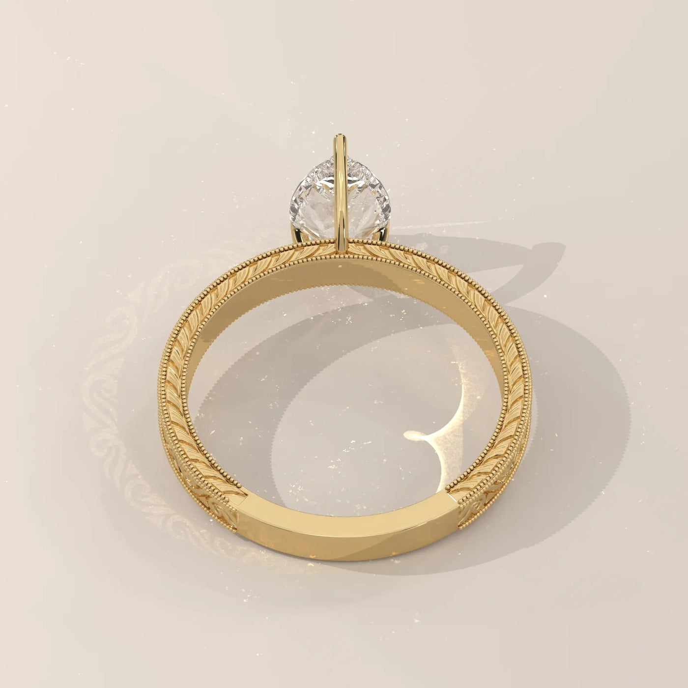Angle View: Pear Diamond Ring with Solitaire Setting in Yellow Gold – Lab Grown – Driona Jewels