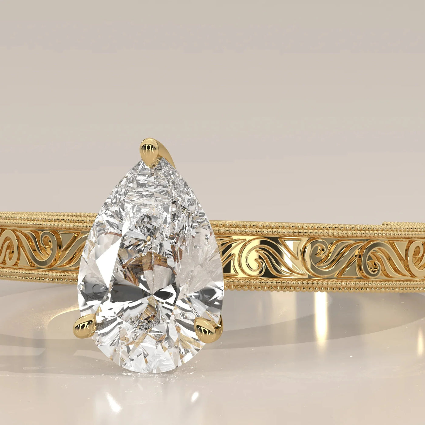 Close-Up: Pear Diamond Ring with Solitaire Setting in Yellow Gold – Lab Grown – Driona Jewels