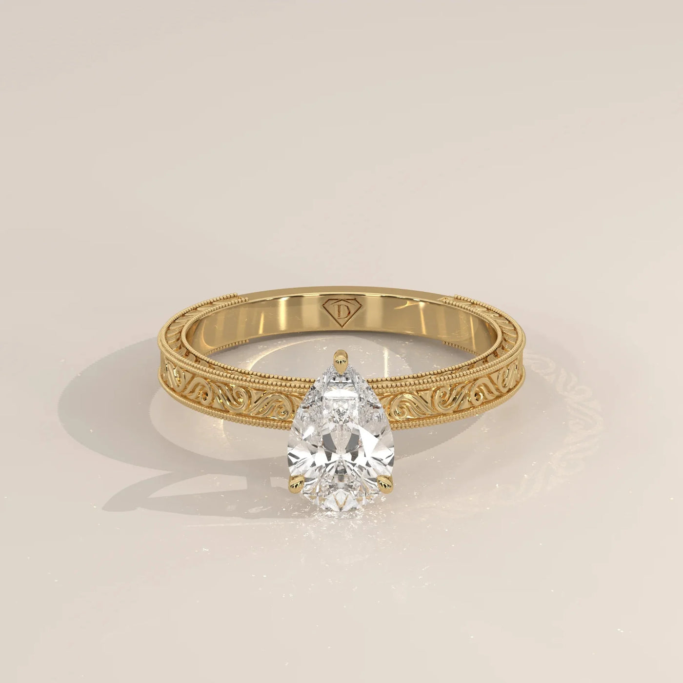 Front View: Pear Diamond Ring with Solitaire Setting in Yellow Gold – Lab Grown – Driona Jewels
