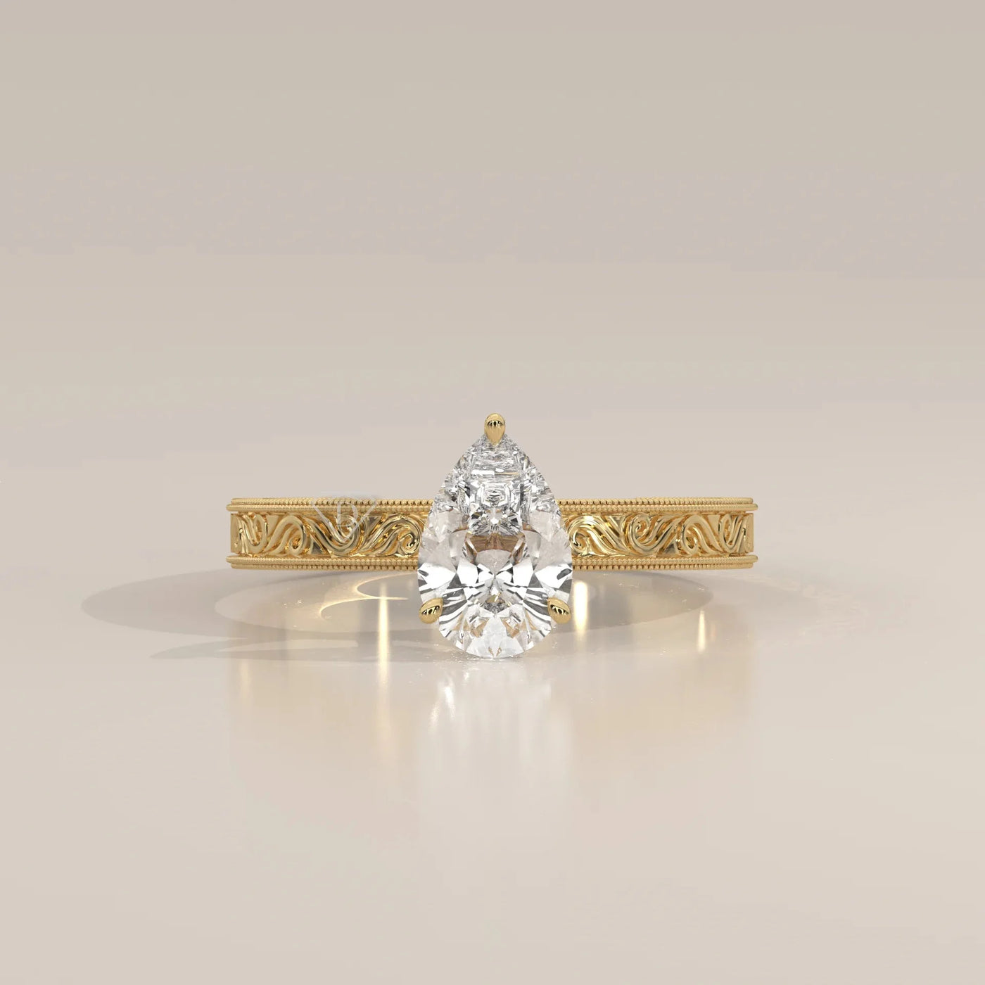 Front View: Pear Diamond Ring with Solitaire Setting in Yellow Gold – Lab Grown – Driona Jewels