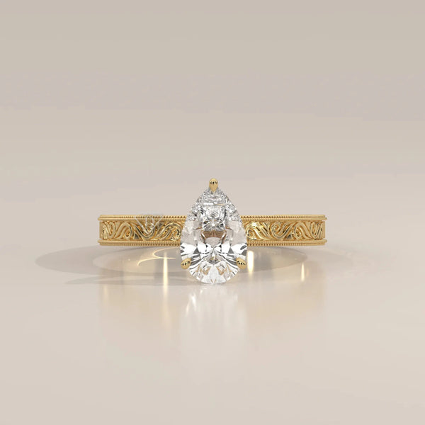 Front View: Pear Diamond Ring with Solitaire Setting in Yellow Gold – Lab Grown – Driona Jewels
