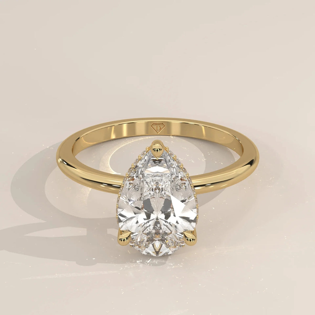 Front View: Pear Diamond Ring with Solitaire Setting in Yellow Gold – Lab Grown – Driona Jewels