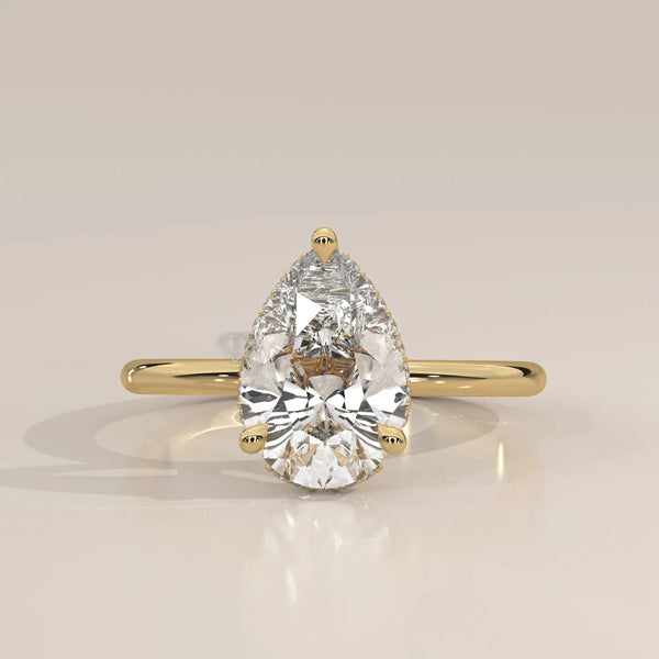 Front View: Pear Diamond Ring with Solitaire Setting in Yellow Gold – Lab Grown – Driona Jewels