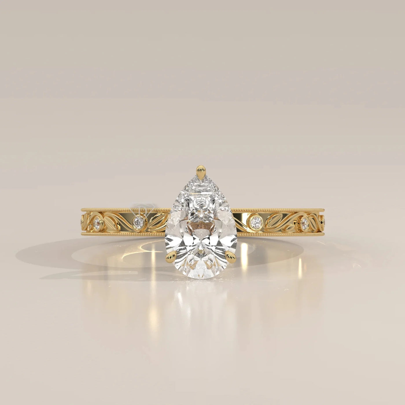 Front View: Pear Diamond Ring with Solitaire Setting in Yellow Gold – Lab Grown – Driona Jewels