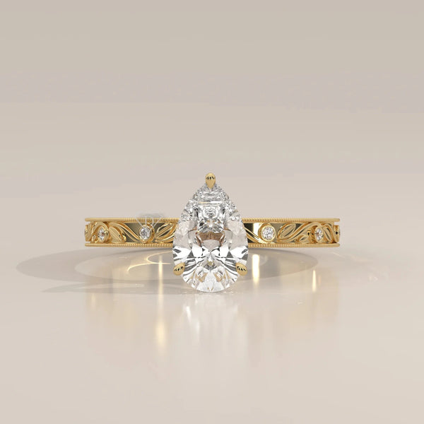 Front View: Pear Diamond Ring with Solitaire Setting in Yellow Gold – Lab Grown – Driona Jewels