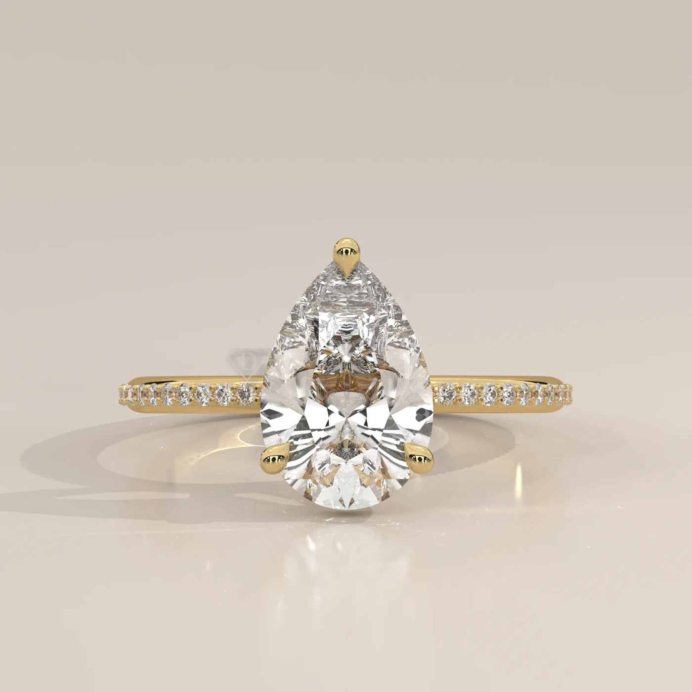 Front View: Pear Diamond Engagement Ring with Pavé Setting in Yellow Gold – Lab Grown – Driona Jewels