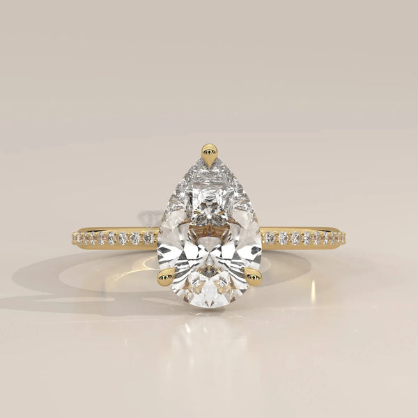 Front View: Pear Diamond Engagement Ring with Pavé Setting in Yellow Gold – Lab Grown – Driona Jewels