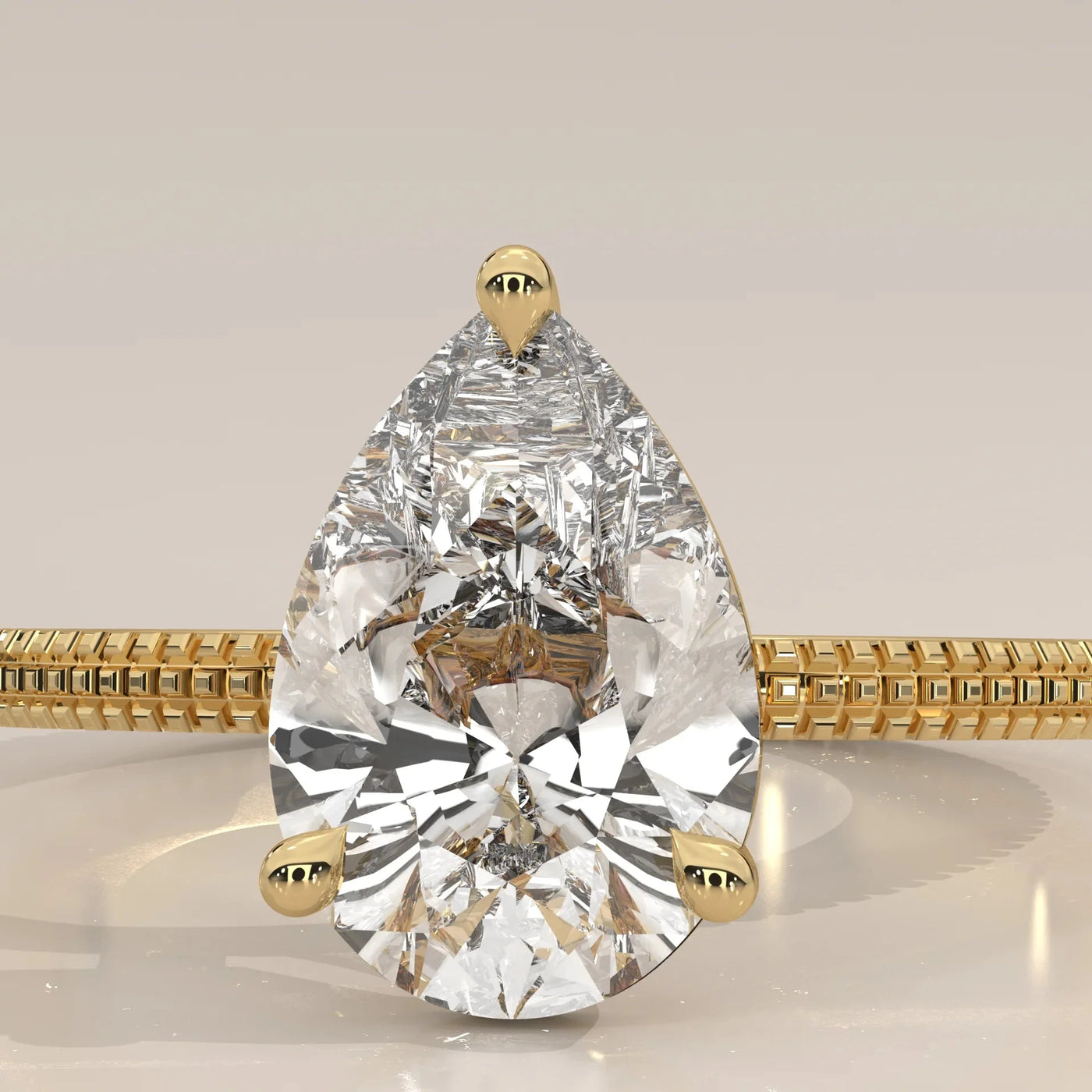 Front View: Pear Diamond Ring with Solitaire Setting in Yellow Gold – Lab Grown – Driona Jewels