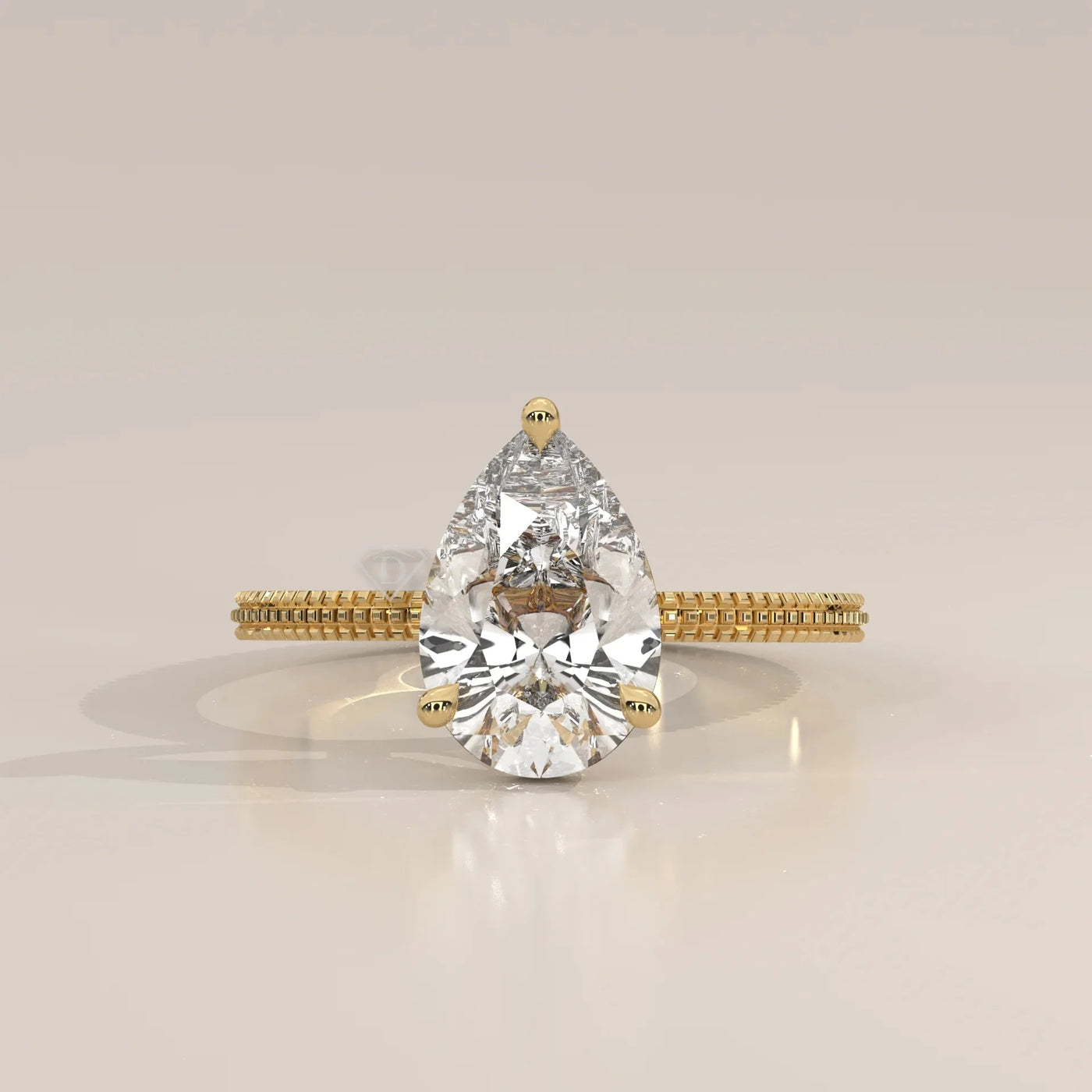 Front View: Pear Diamond Ring with Solitaire Setting in Yellow Gold – Lab Grown – Driona Jewels