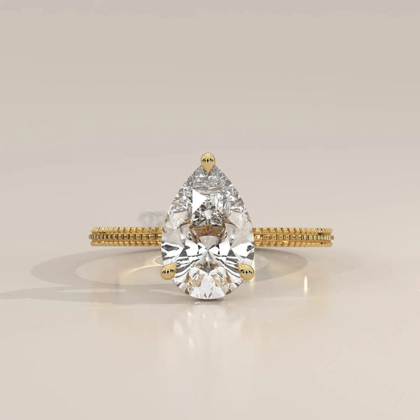 Front View: Pear Diamond Ring with Solitaire Setting in Yellow Gold – Lab Grown – Driona Jewels