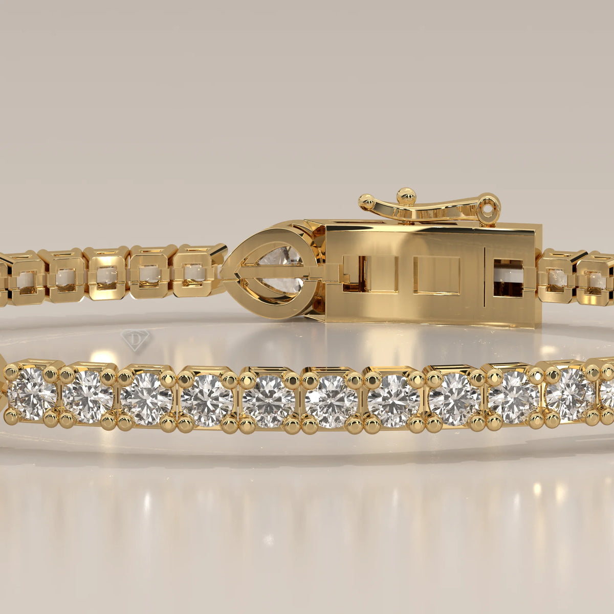 Pear Station Lab Grown Diamond Tennis Bracelet with Round Line in yellow gold, shown on a plain background.