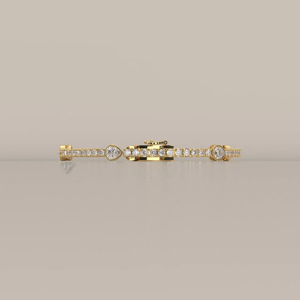Pear Station Lab Grown Diamond Tennis Bracelet with Round Line in yellow gold, side profile view.