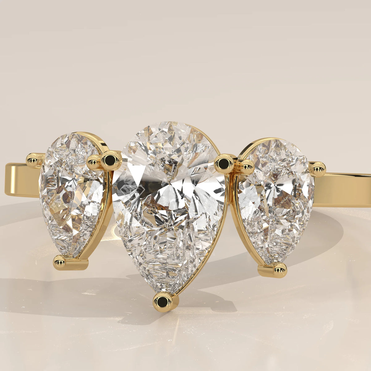 Stone Detail: Pear Lab Grown Diamonds in Three-Stone Setting – Yellow Gold – Driona Jewels