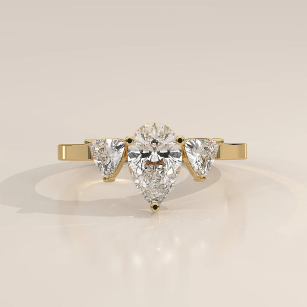 Side Profile: Pear Diamond Engagement Ring with Three-Stone Setting in Yellow Gold – Lab Grown – Driona Jewels