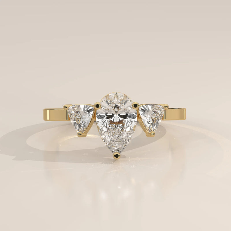 Side Profile: Pear Diamond Engagement Ring with Three-Stone Setting in Yellow Gold – Lab Grown – Driona Jewels
