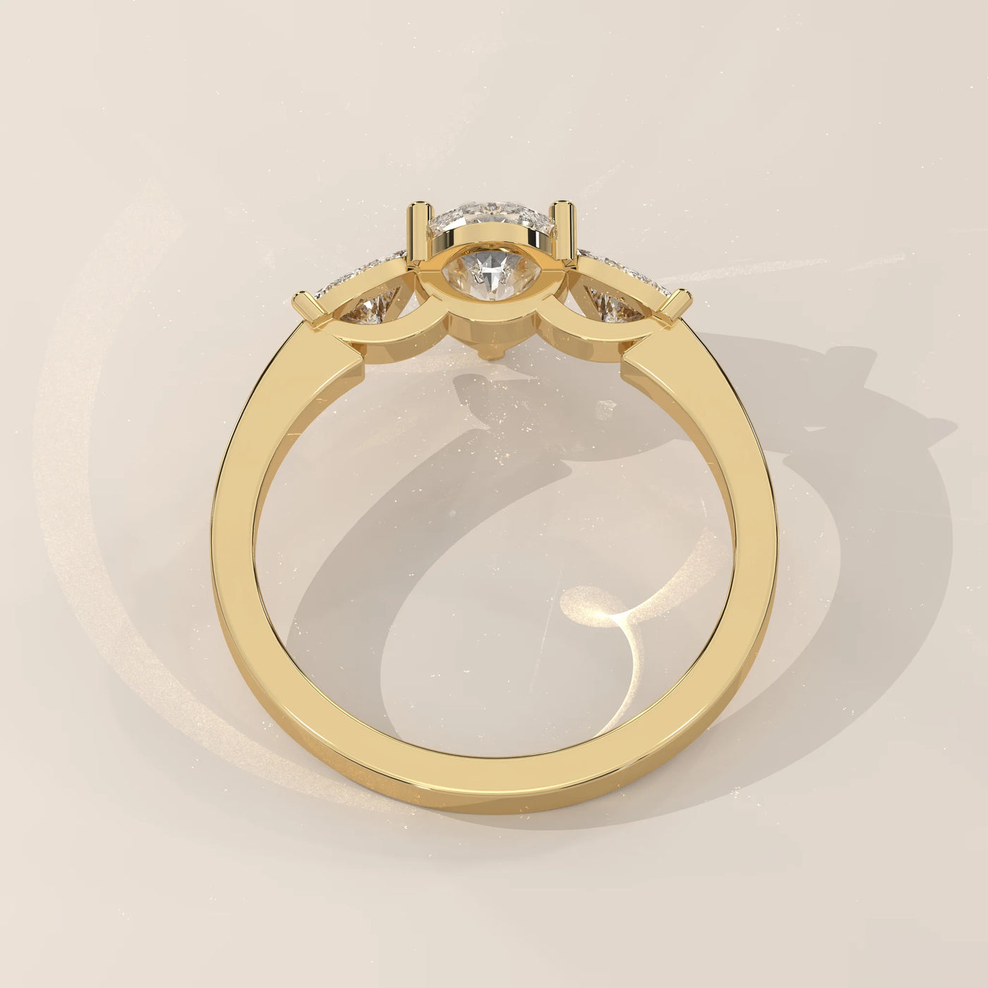 Top View: Pear Diamond Engagement Ring with Three-Stone Setting in Yellow Gold – Lab Grown – Driona Jewels
