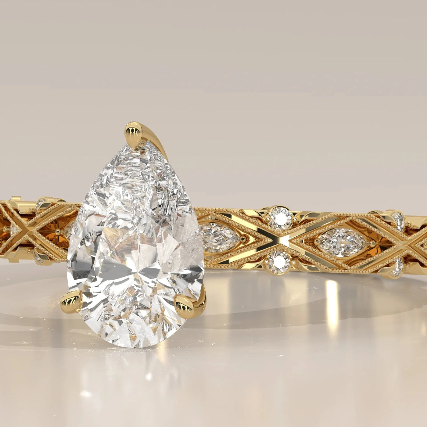 Close-Up: Pear Diamond Ring with Solitaire Setting in Yellow Gold – Lab Grown – Driona Jewels