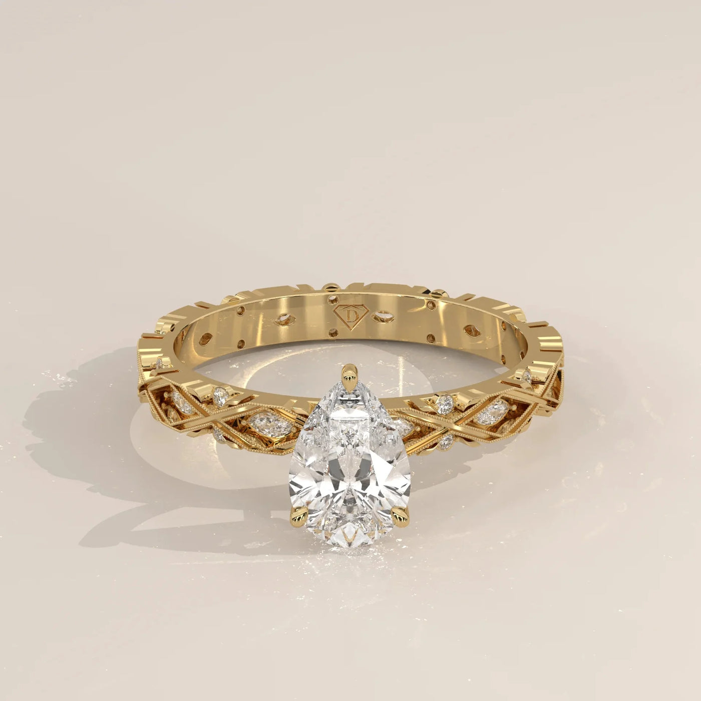 Front View: Pear Diamond Ring with Solitaire Setting in Yellow Gold – Lab Grown – Driona Jewels