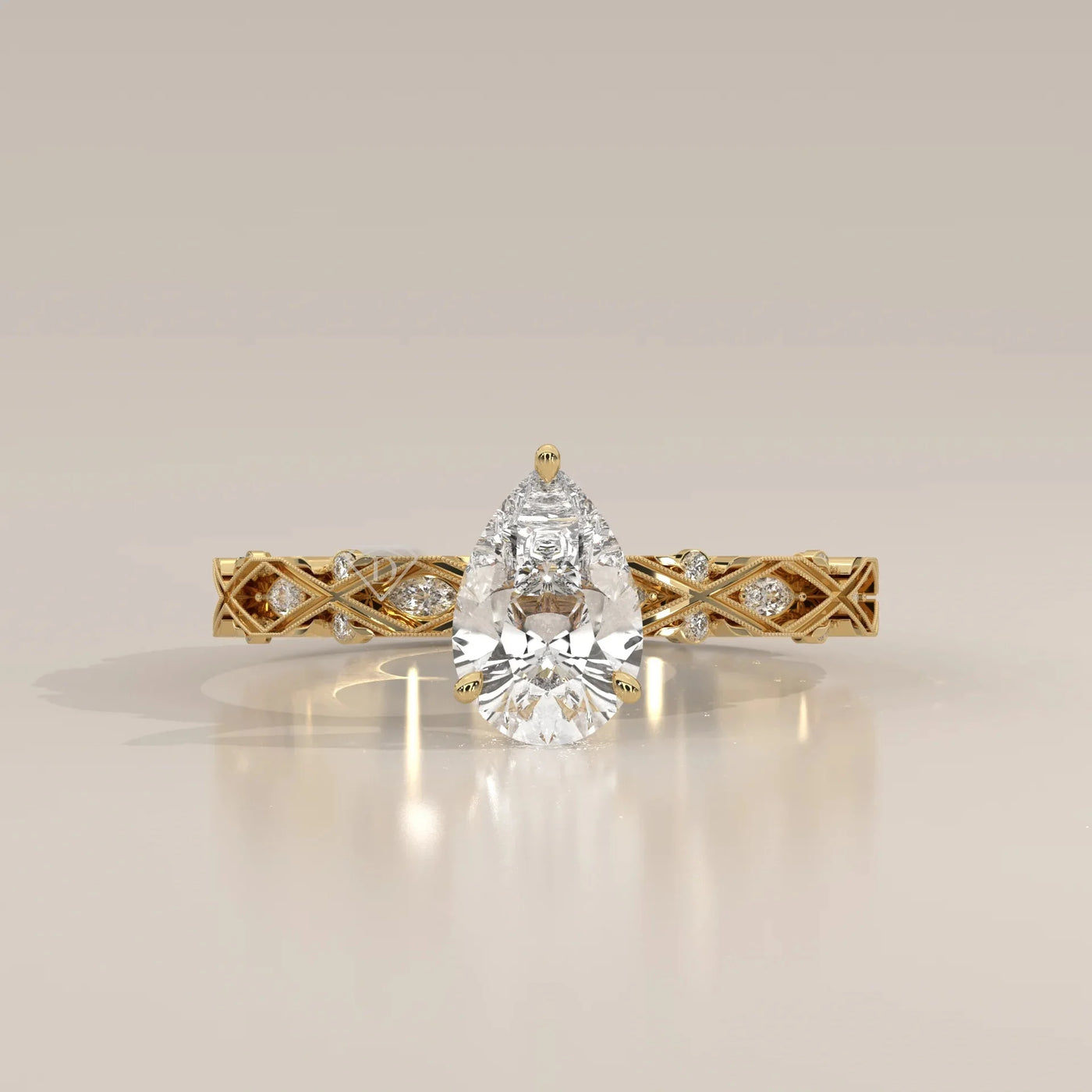 Front View: Pear Diamond Ring with Solitaire Setting in Yellow Gold – Lab Grown – Driona Jewels