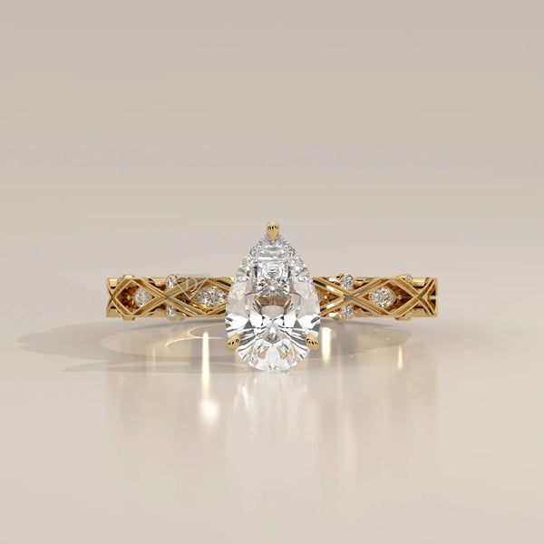 Front View: Pear Diamond Ring with Solitaire Setting in Yellow Gold – Lab Grown – Driona Jewels