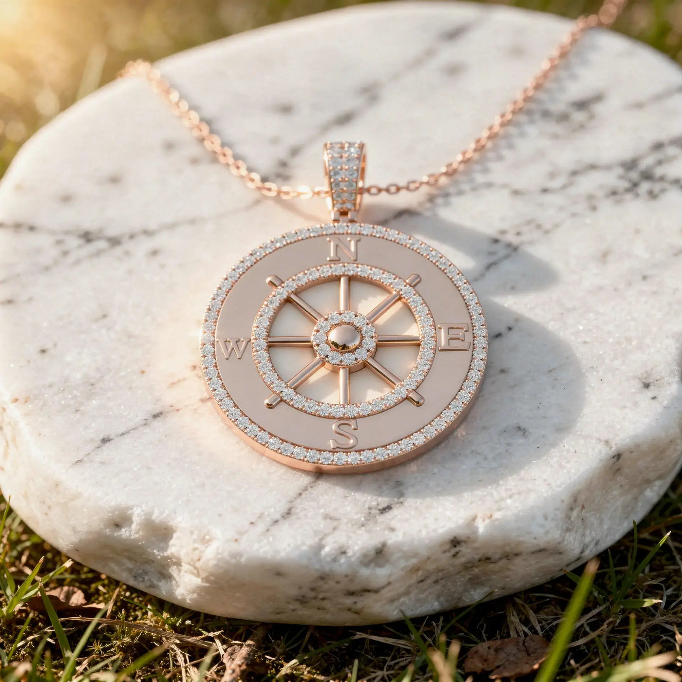 Flat-Lay: Compass Diamond Pendant with Pave Setting in 14k Rose Gold - Lab Grown - Driona Jewels