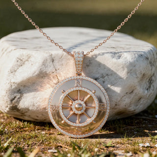 Front-View: Compass Diamond Pendant with Pave Setting in 14k Rose Gold - Lab Grown - Driona Jewels