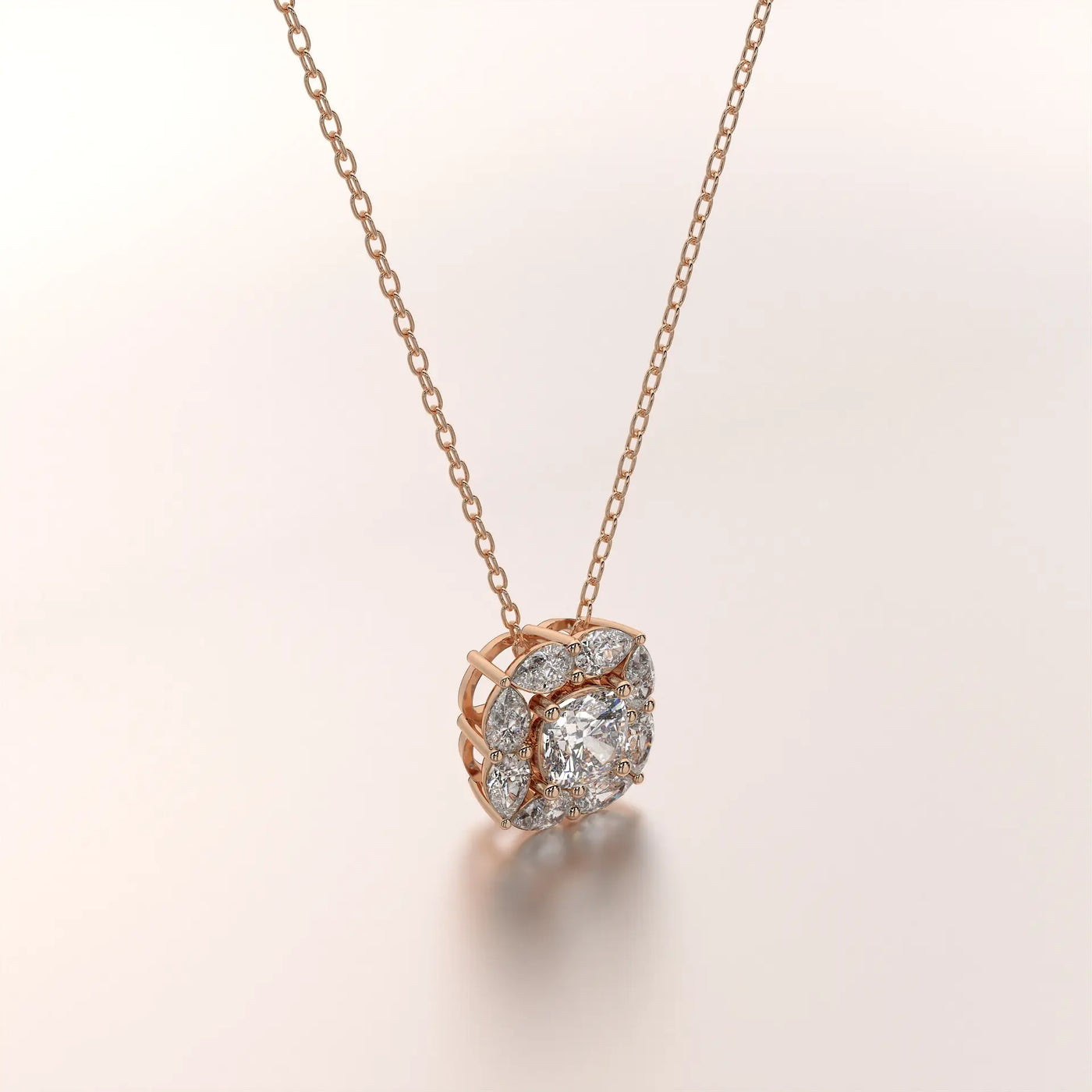 pendant cushion diamond rose gold 14k angle