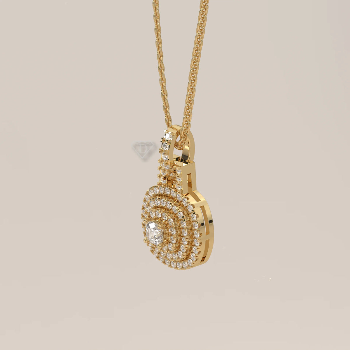 A gold pendant necklace with multiple layers of diamonds, shown from the side.
