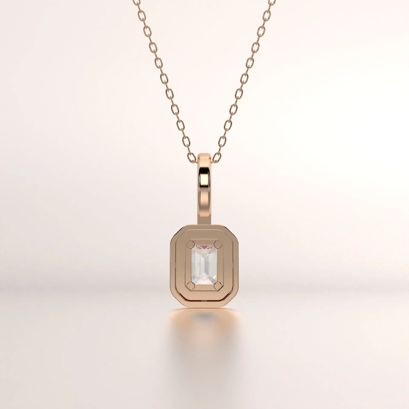 Front-view: Emerald Cut Diamond Pendant with Bezel Setting in 14k Rose Gold - Lab Grown - Driona Jewels