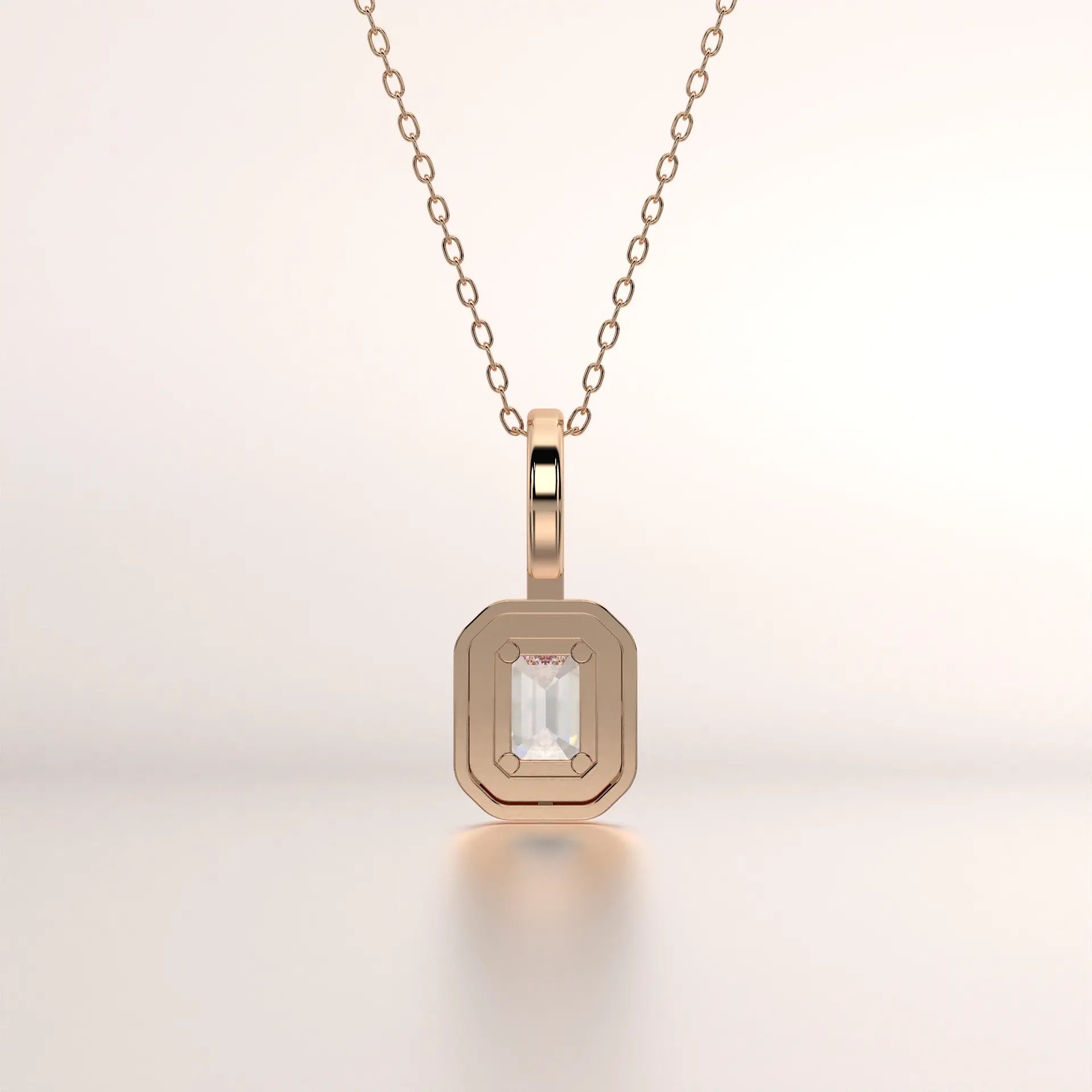 Front-view: Emerald Cut Diamond Pendant with Bezel Setting in 14k Rose Gold - Lab Grown - Driona Jewels