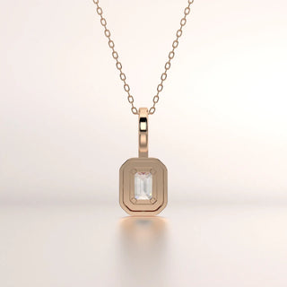 Front-view: Emerald Cut Diamond Pendant with Bezel Setting in 14k Rose Gold - Lab Grown - Driona Jewels
