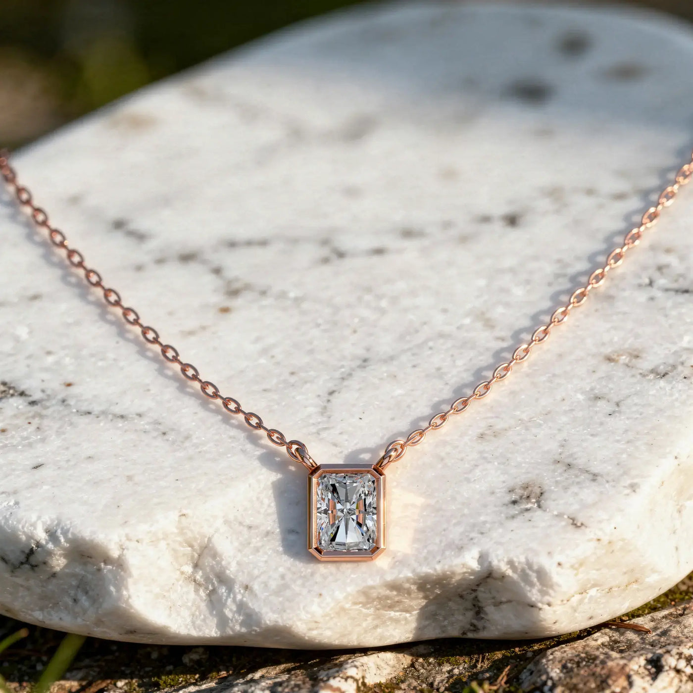 Front-view: Emerald Cut Diamond Pendant with Bezel Setting in 14k Rose Gold - Lab Grown - Driona Jewels