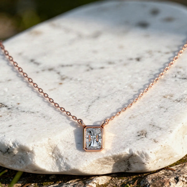 Front-view: Emerald Cut Diamond Pendant with Bezel Setting in 14k Rose Gold - Lab Grown - Driona Jewels