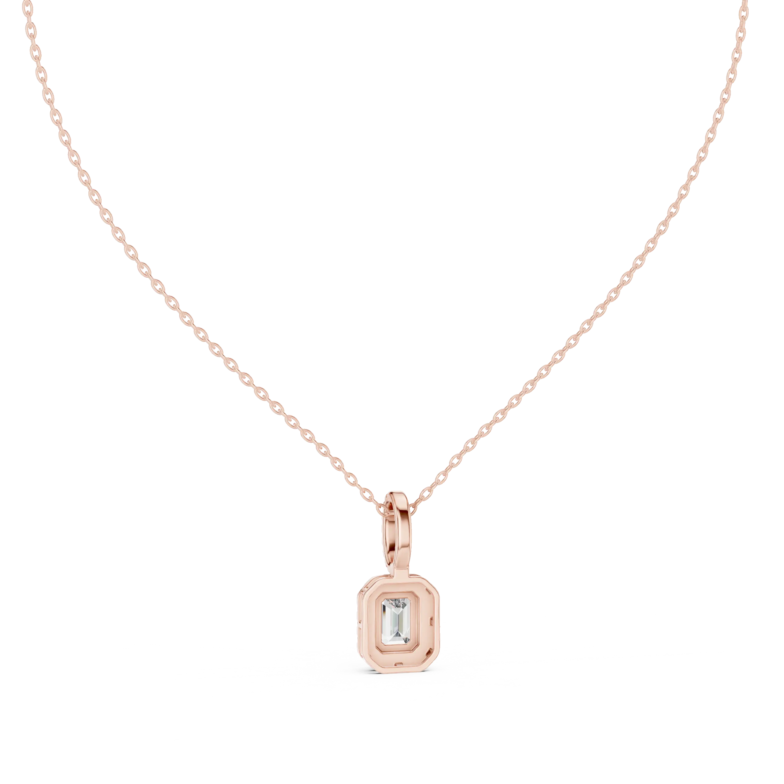 Front-view: Emerald Cut Diamond Pendant with Bezel Setting in 14k Rose Gold - Lab Grown - Driona Jewels
