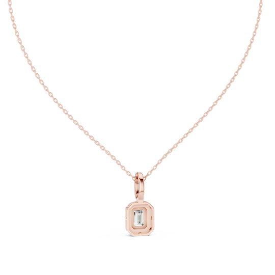 Front-view: Emerald Cut Diamond Pendant with Bezel Setting in 14k Rose Gold - Lab Grown - Driona Jewels