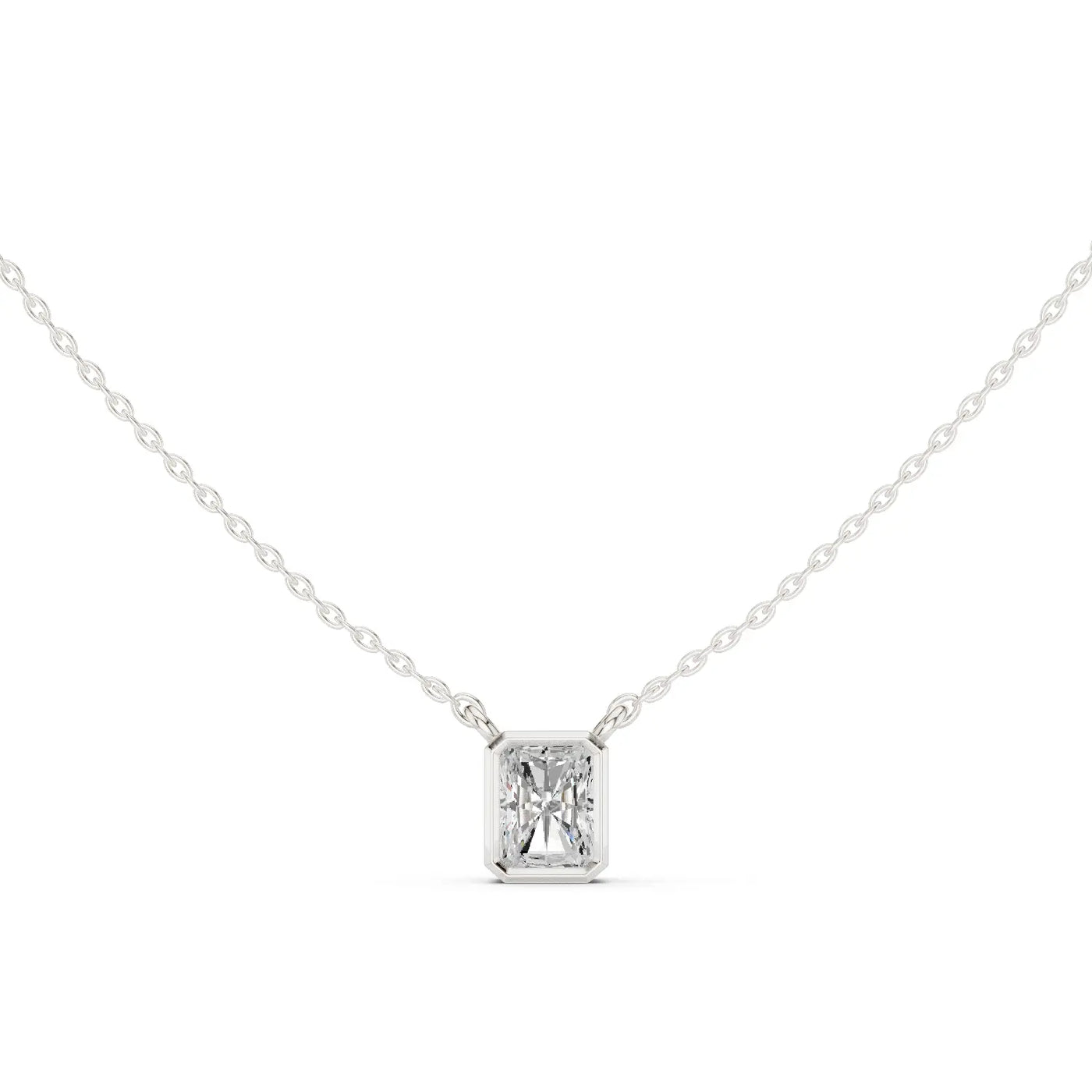 Front-view: Emerald Cut Diamond Pendant with Bezel Setting in 14k White Gold - Lab Grown - Driona Jewels