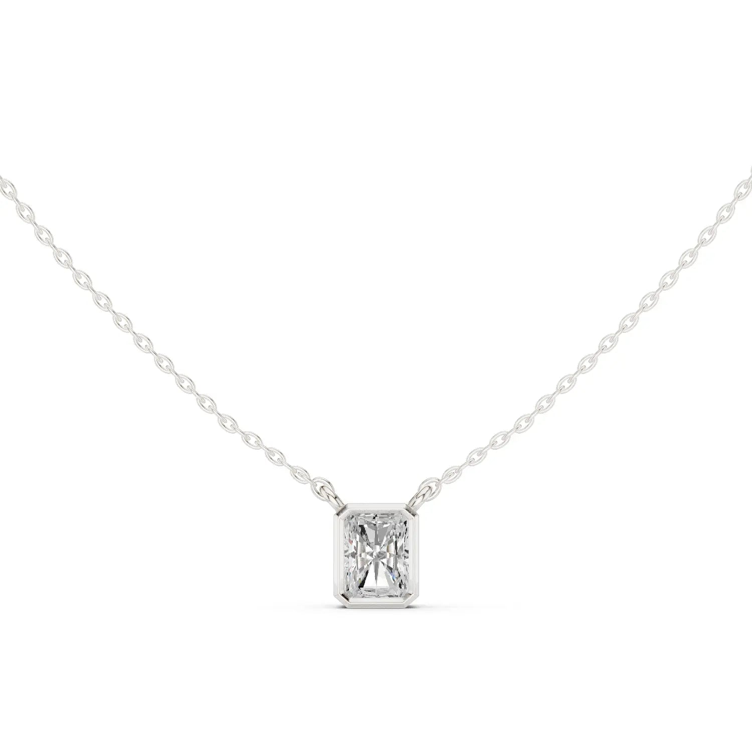 Front-view: Emerald Cut Diamond Pendant with Bezel Setting in 14k White Gold - Lab Grown - Driona Jewels