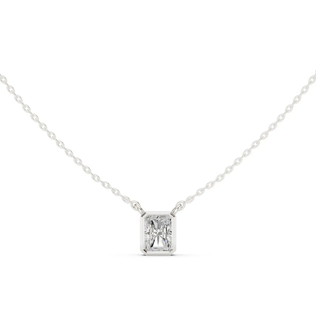 Front-view: Emerald Cut Diamond Pendant with Bezel Setting in 14k White Gold - Lab Grown - Driona Jewels