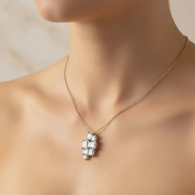 Front-view: Emerald Cut Diamond Pendant with Bezel Setting in 14k White Gold - Lab Grown - Driona Jewels