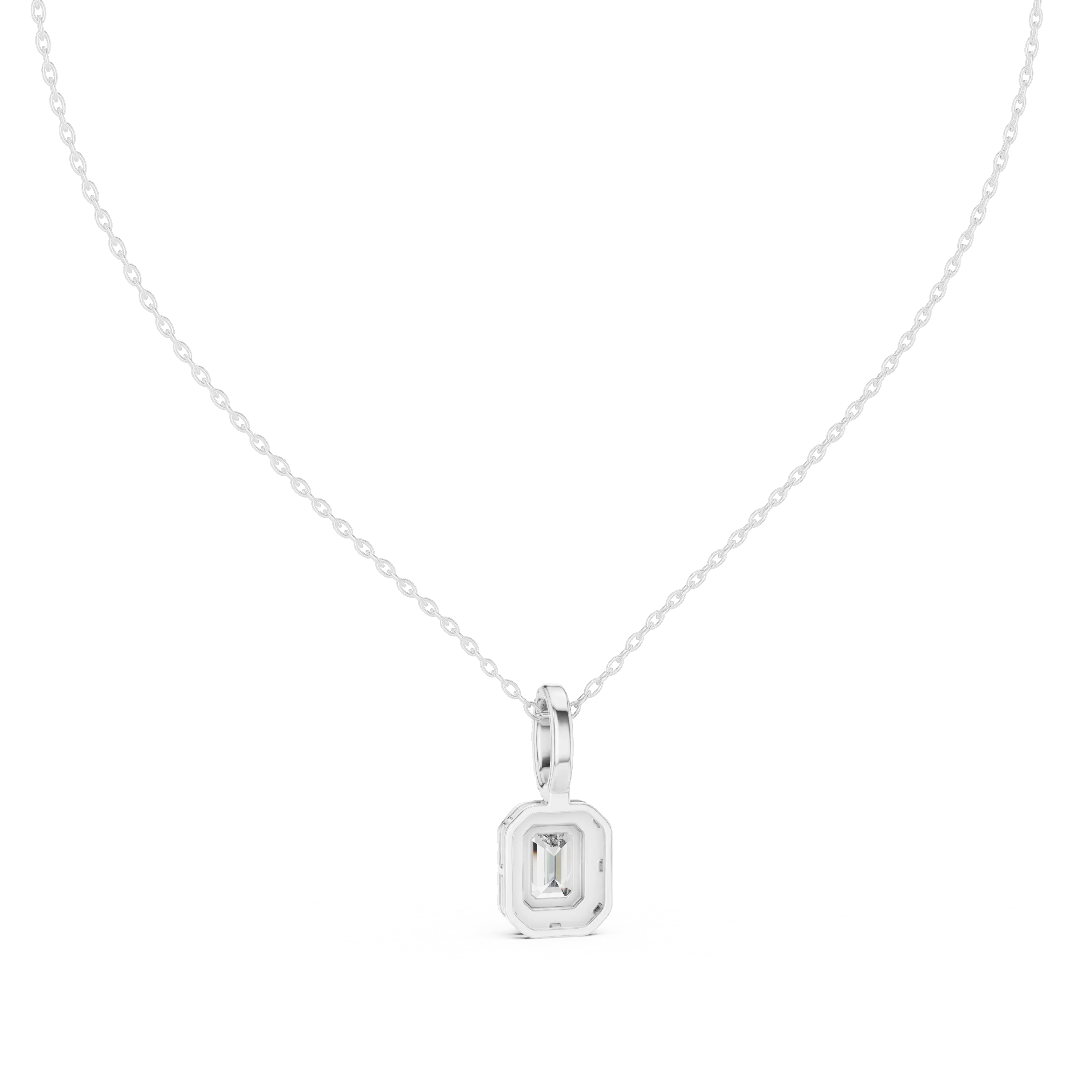 Front-view: Emerald Cut Diamond Pendant with Bezel Setting in 14k White Gold - Lab Grown - Driona Jewels