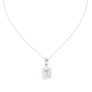 Front-view: Emerald Cut Diamond Pendant with Bezel Setting in 14k White Gold - Lab Grown - Driona Jewels