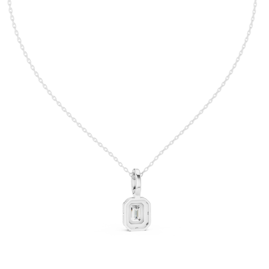 Front-view: Emerald Cut Diamond Pendant with Bezel Setting in 14k White Gold - Lab Grown - Driona Jewels