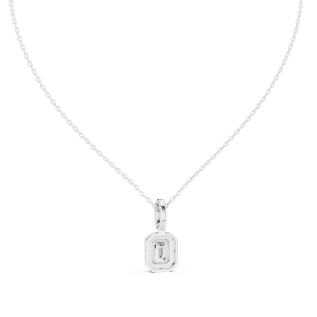 Front-view: Emerald Cut Diamond Pendant with Bezel Setting in 14k White Gold - Lab Grown - Driona Jewels